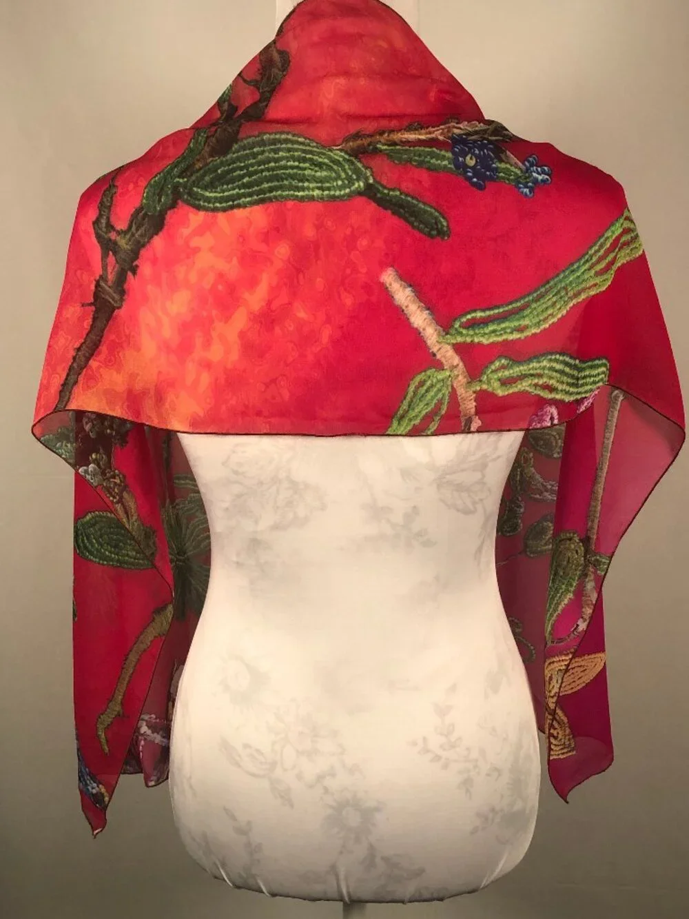 Vintage Signed Wearable Art Chiffon Scarf – Cherry Red Botanical Art Scarf